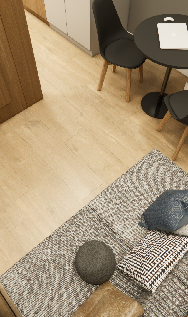 Render 3D de sala do LA - CITZY PAULISTA com piso amadeirado, sofá cinza, mesa redonda preta, cadeiras e planta em vaso