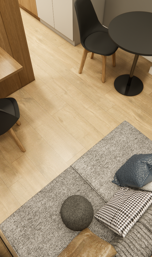 Render 3D de sala e home office no CITZY Paulista com marcenaria em madeira, piso amadeirado, móveis pretos e tons neutros