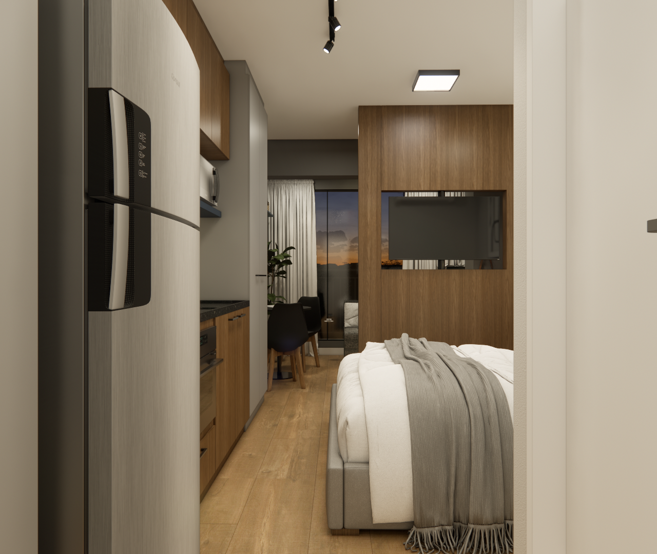 Render 3D de estúdio no LA-CITZY Paulista com cozinha linear, marcenaria em madeira e cinza, cama neutra e luz difusa