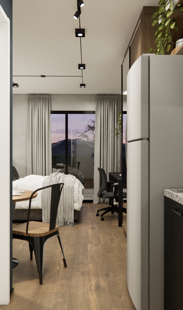 Render 3D de estúdio com cozinha integrada, marcenaria em tons escuros, bancada em granito, piso amadeirado e iluminação foco