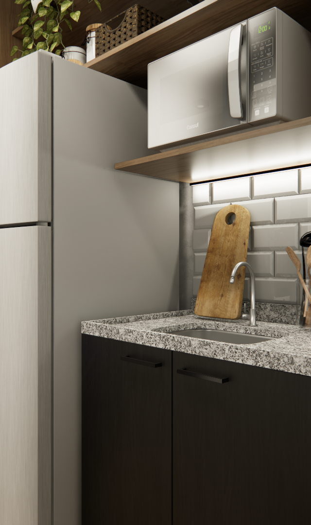Render 3D de cozinha compacta com marcenaria escura, bancada em granito, revestimento tipo metrô e geladeira em inox