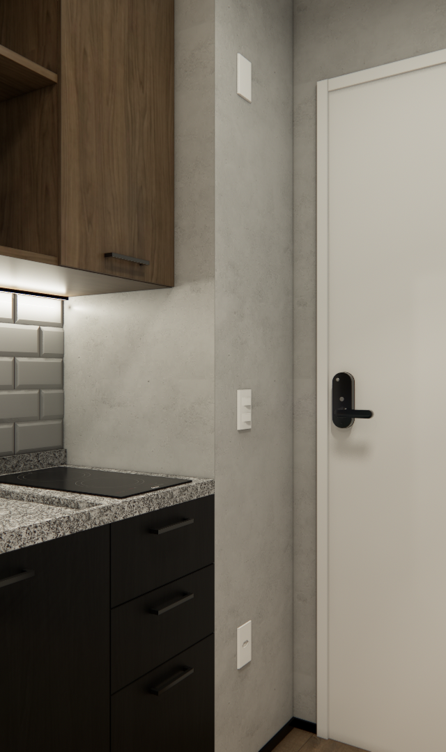 Render 3D de cozinha compacta, marcenaria em tons de madeira e preto, bancada granito cinza e azulejos tipo metrô
