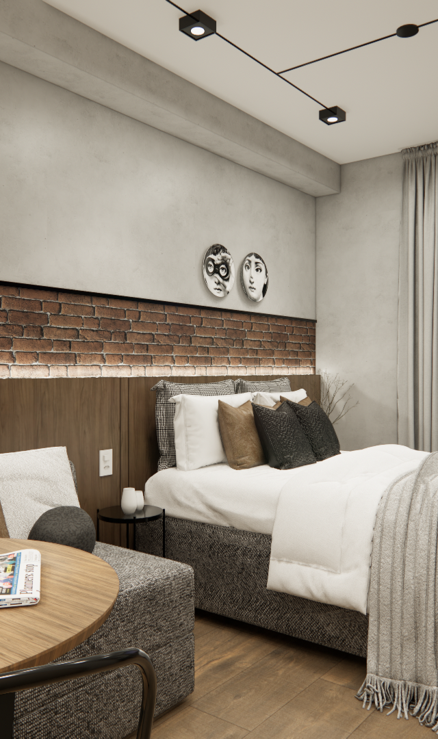 Render 3D de quarto em Vila Buarque com parede de tijolos, madeira, cama, mesa de jantar e iluminação linear moderna