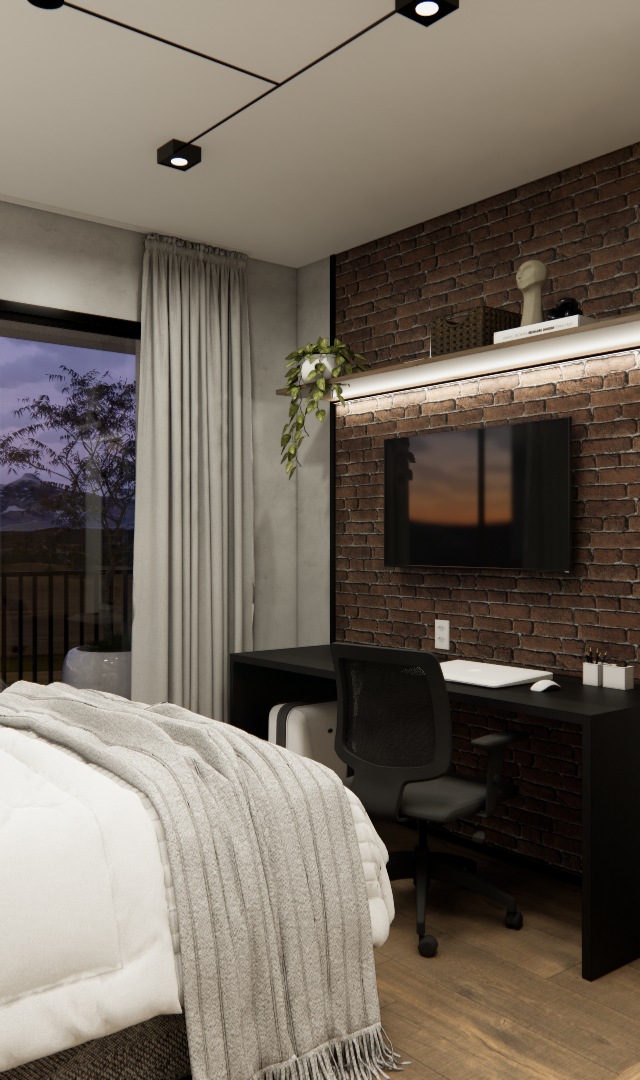 Render 3D de quarto Vila Buarque com parede de tijolinhos, mesa preta, cama, espelho, piso amadeirado e luz indireta