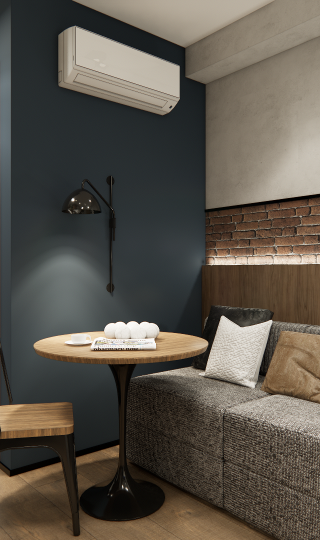 Render 3D de sala com parede azul, tijolos aparentes, sofá cinza, mesa redonda de madeira e iluminação aconchegante CC AR.QUE