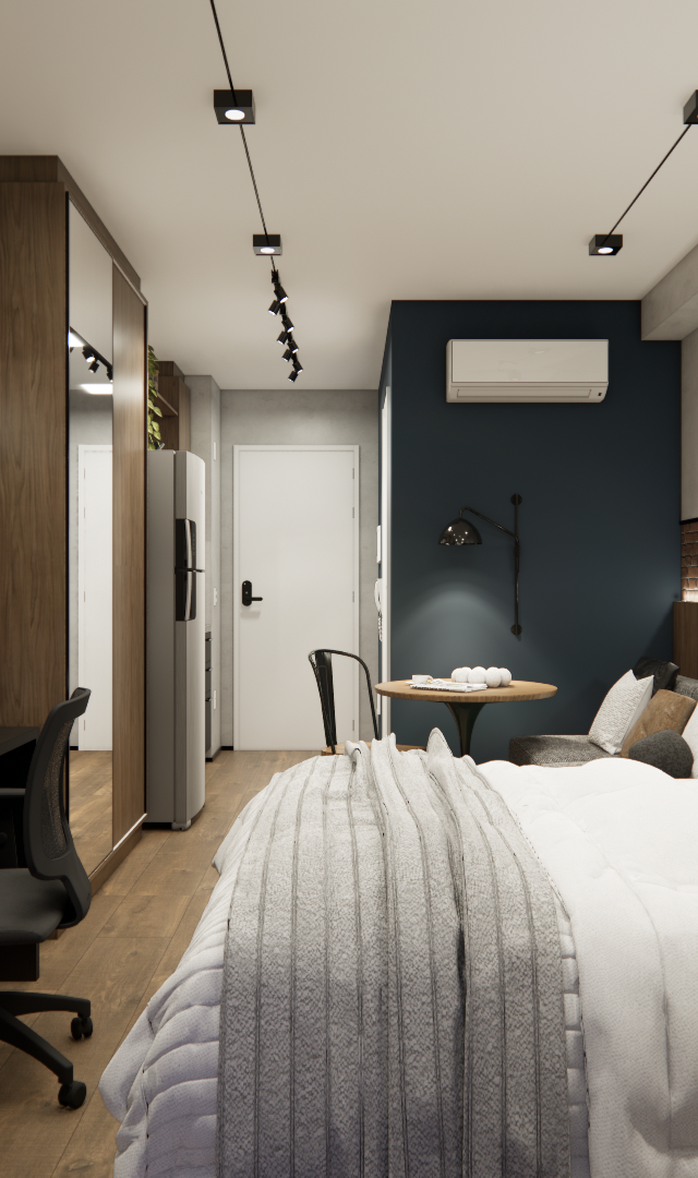 Render 3D de quarto pequeno CC - AR.QUE Vila Buarque com parede de tijolos, mesa preta, cama e iluminação em trilho