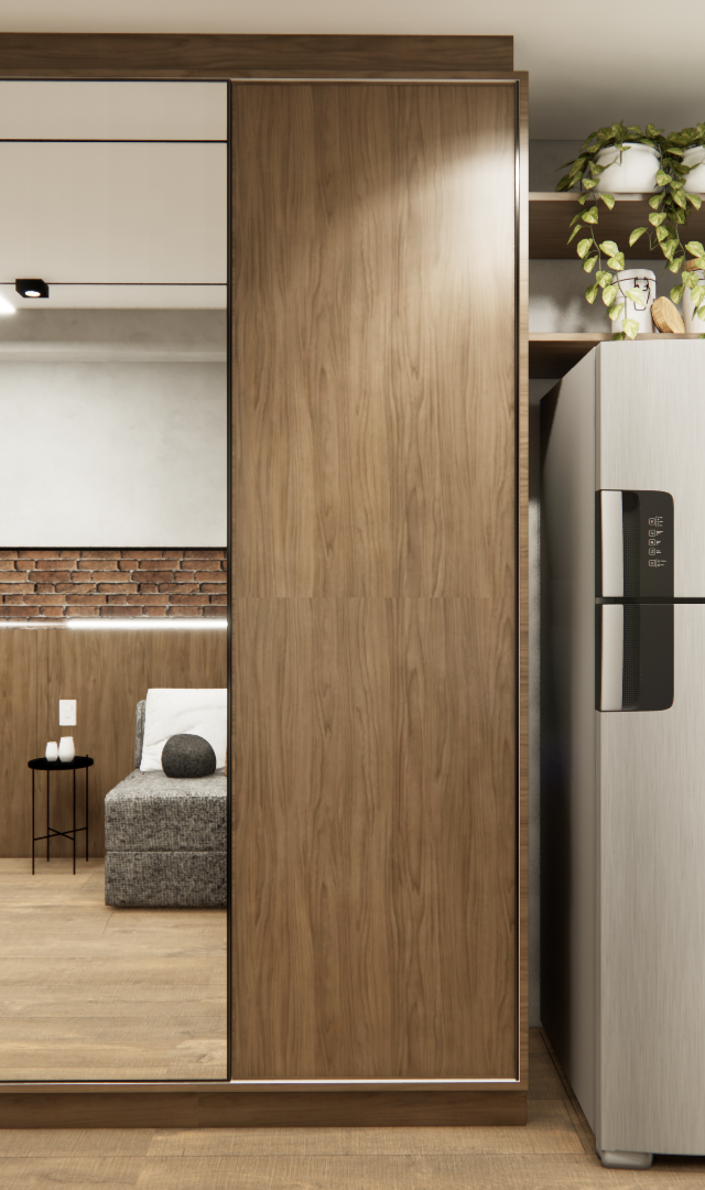 Render 3D de estúdio com parede de tijolos, marcenaria em madeira e preto, geladeira inox e área de home office integrada