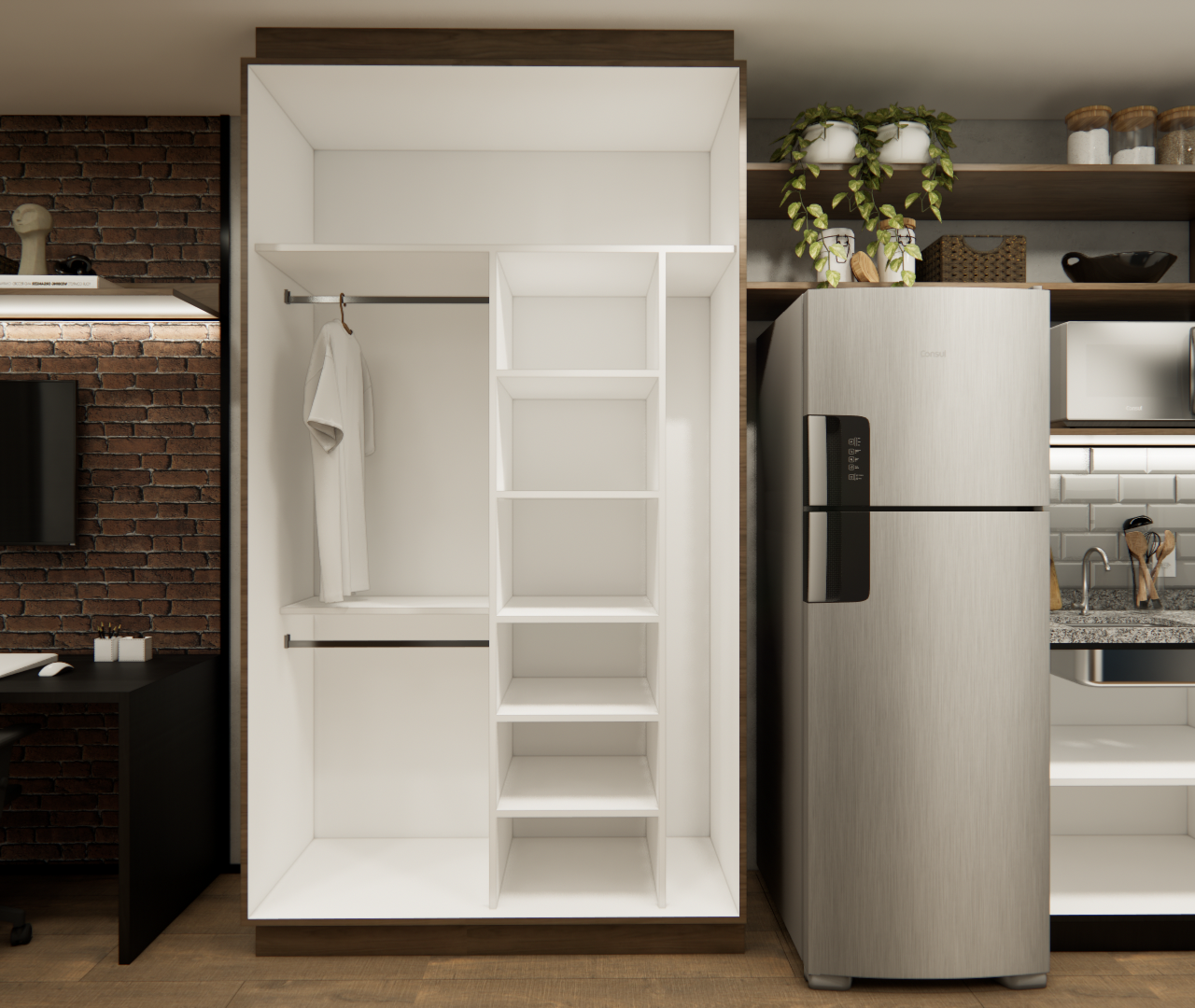 Render 3D de estúdio com marcenaria branca e amadeirada, parede de tijolinhos, geladeira inox e bancada de trabalho integrada
