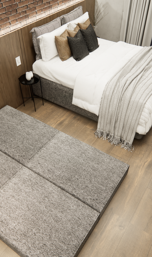 Render 3D de quarto em Vila Buarque com cama, painel de madeira, parede de tijolo aparente, piso vinílico e mesa de estudos