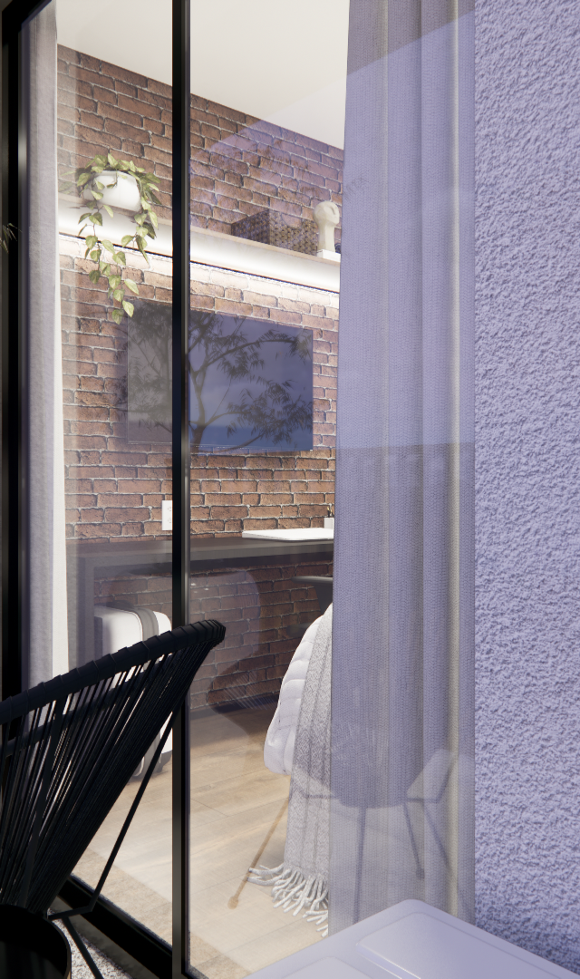 Render 3D: varanda com poltrona preta, vaso branco e planta, vista para quarto com parede de tijolos e iluminação quente