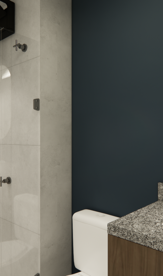 Render 3D de banheiro no projeto CC - AR.QUE: box com revestimento cinza, parede azul, espelho orgânico e bancada em granito