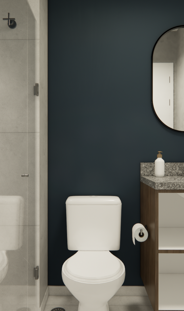 Render de banheiro em Vila Buarque com parede azul, pia em granito, armário amadeirado, box de vidro e espelho oval