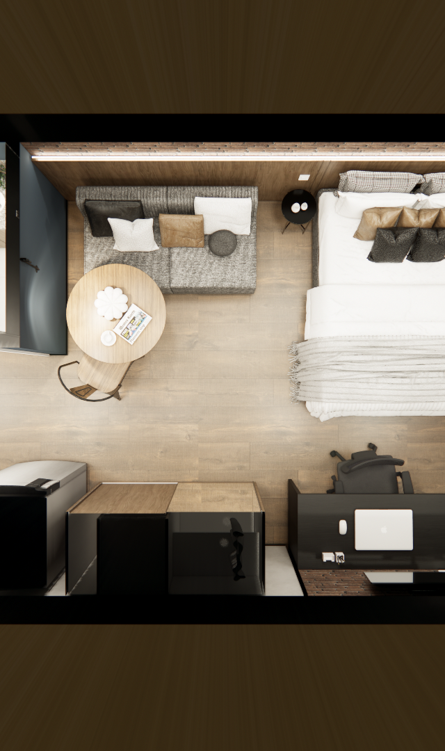 Planta baixa 3D de studio em Vila Buarque, com cozinha, quarto, home office e banheiro em tons neutros e madeira