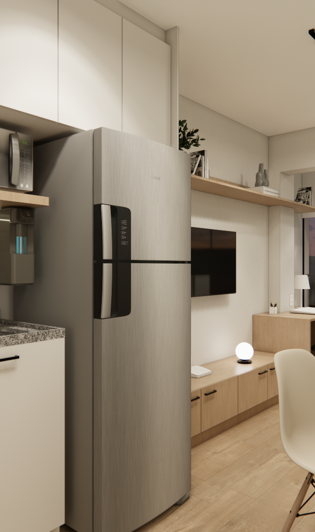 Render 3D de estúdio compacto em Pinheiros com cozinha branca, geladeira inox, bancada em granito e sala integrada clara