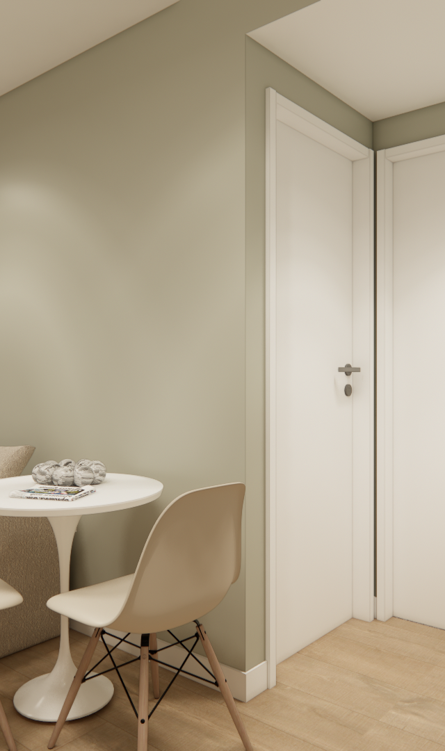 Render 3D de sala e cozinha integrada, paredes verdes, sofá bege, mesa redonda branca, cadeiras modernas e piso amadeirado