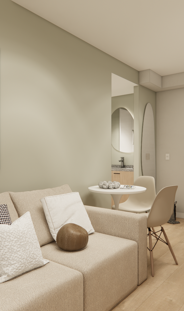 Render 3D de sala e jantar integradas, tons verdes e neutros, piso amadeirado, sofá bege, mesa redonda e iluminação por trilho