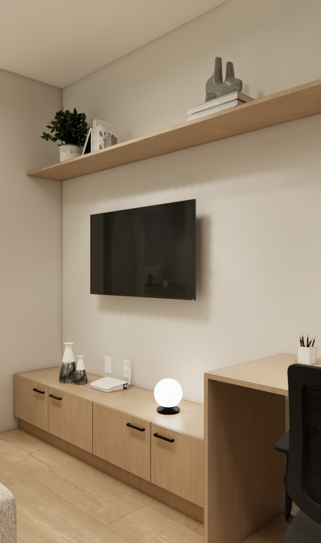 Render 3D de sala e home office integrados em tons claros, marcenaria em madeira e iluminação embutida no Pinheiros