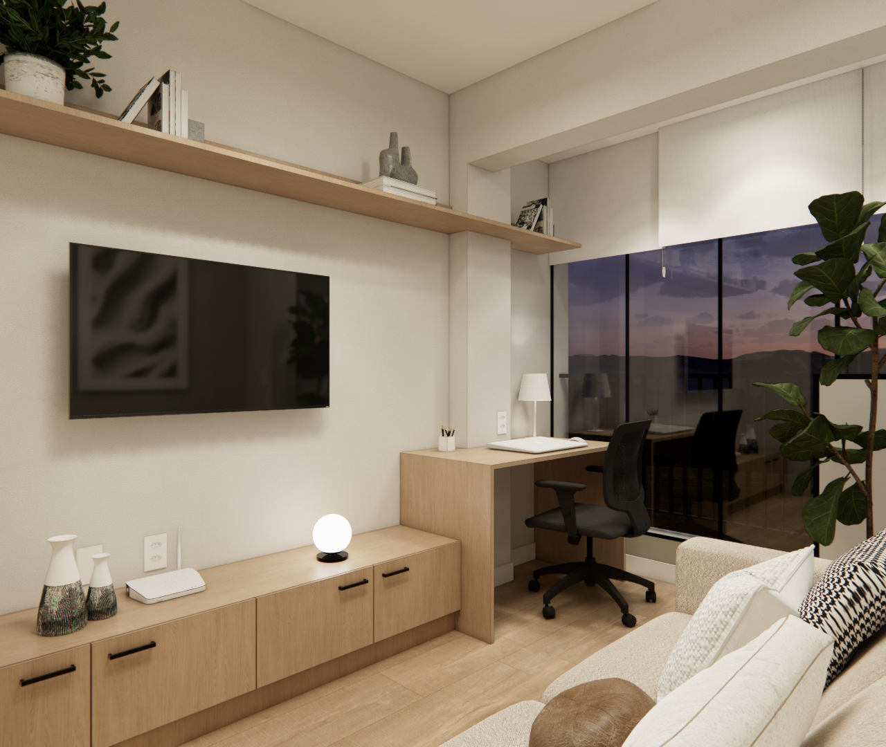 Render de sala em Pinheiros com marcenaria em tom madeira clara, TV, home office, sofá bege e iluminação suave e aconchegante