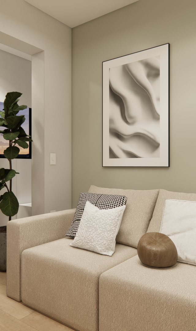Render 3D de sala em Pinheiros com sofá bege, parede verde, quadro abstrato, planta em vaso e mesa de escritório integrada