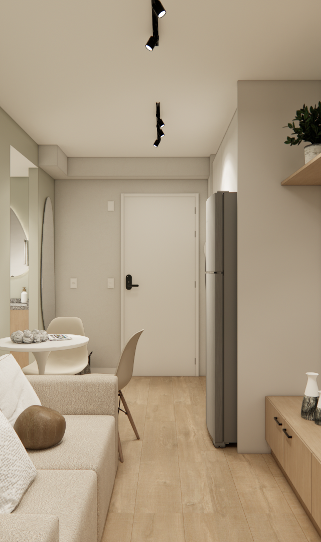 Render 3D de sala de estar compacta em tons neutros com sofá bege, marcenaria em madeira clara, TV e planta decorativa
