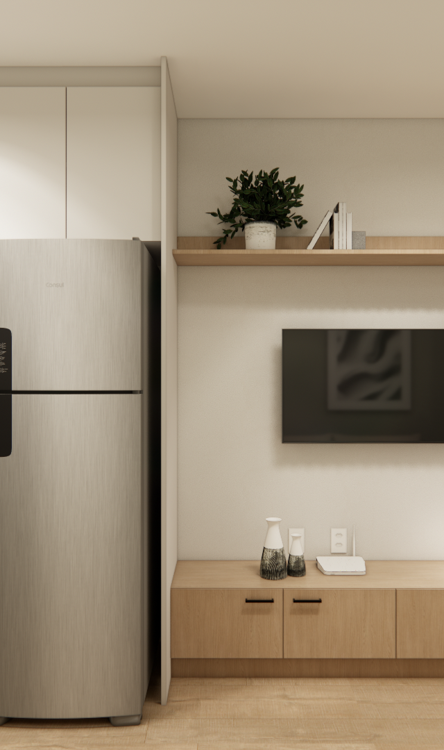Render 3D de estúdio compacto em Pinheiros com cozinha branca, geladeira inox, rack e bancada de trabalho em madeira clara