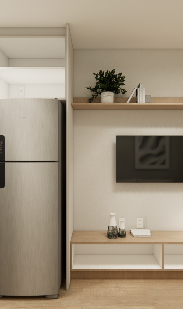 Render 3D de estúdio compacto em Pinheiros com cozinha integrada, marcenaria clara, geladeira inox e bancada de trabalho