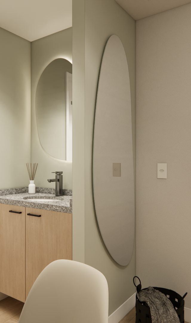 Render 3D de lavabo em tom verde menta com gabinete de madeira, espelho orgânico iluminado e bancada em pedra granítica
