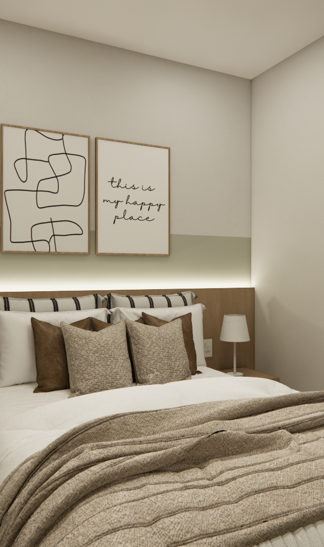 Render 3D de quarto pequeno com cama, cabeceira de madeira, iluminação indireta, quadros e tons neutros em Pinheiros