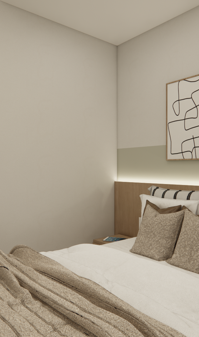 Render 3D de quarto pequeno com tons neutros, cabeceira de madeira com iluminação indireta e quadros decorativos na parede