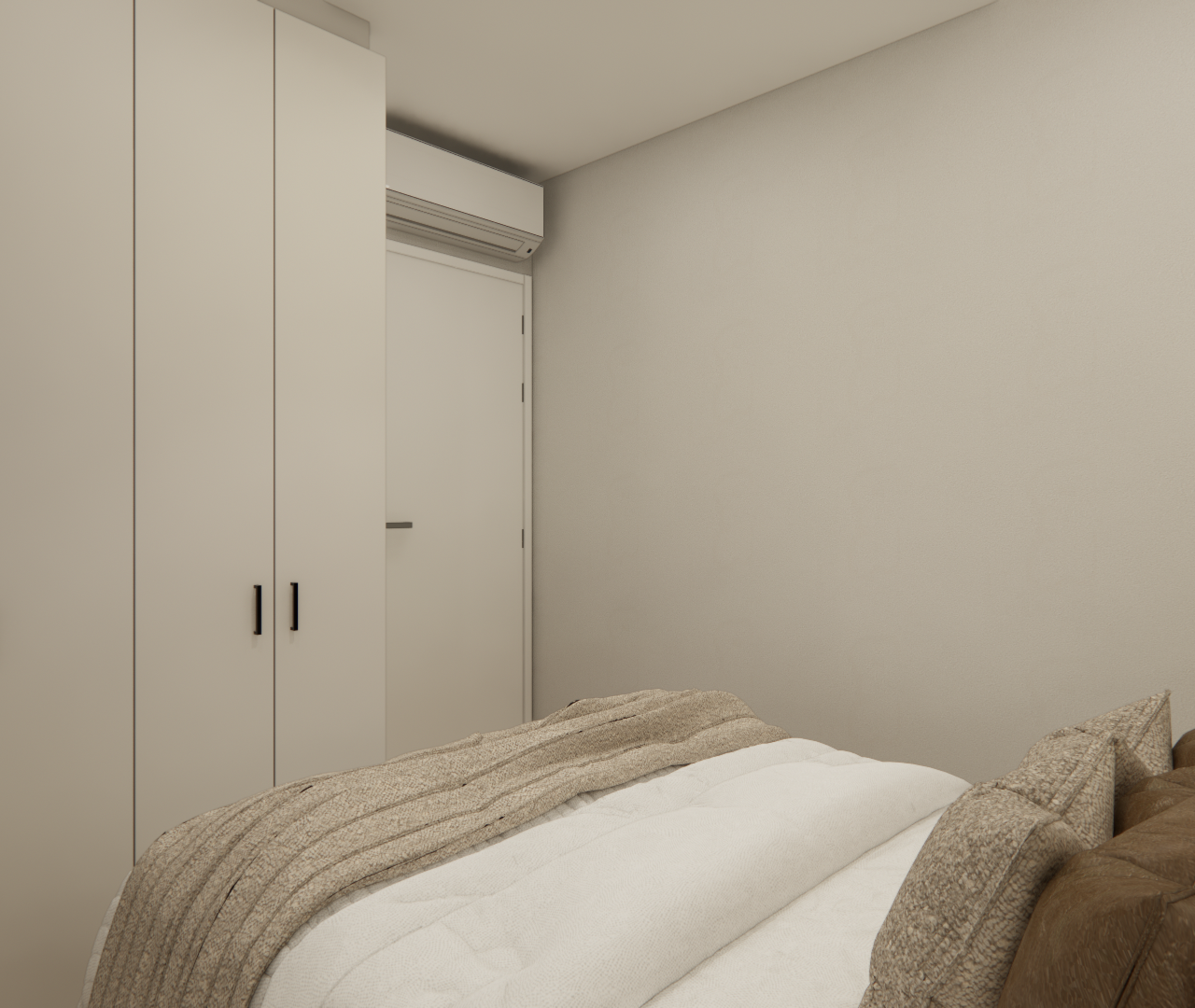 Render 3D de quarto compacto em Pinheiros com guarda-roupa off-white, cama com colcha bege e almofadas em tons terrosos