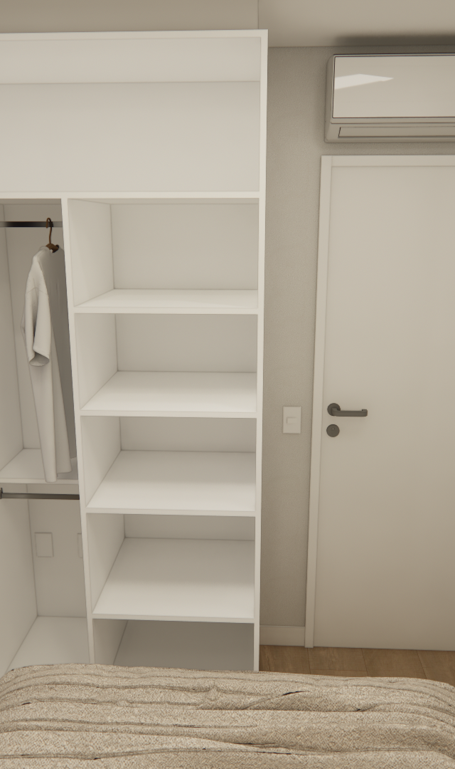 Render 3D de quarto pequeno com guarda-roupa branco aberto, porta, ar-condicionado e janela com esquadria preta