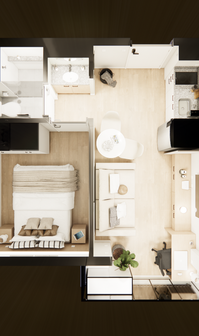 Planta baixa 3D de apartamento de 28m² em Pinheiros com sala, cozinha, quarto e banheiro, tons claros e piso amadeirado