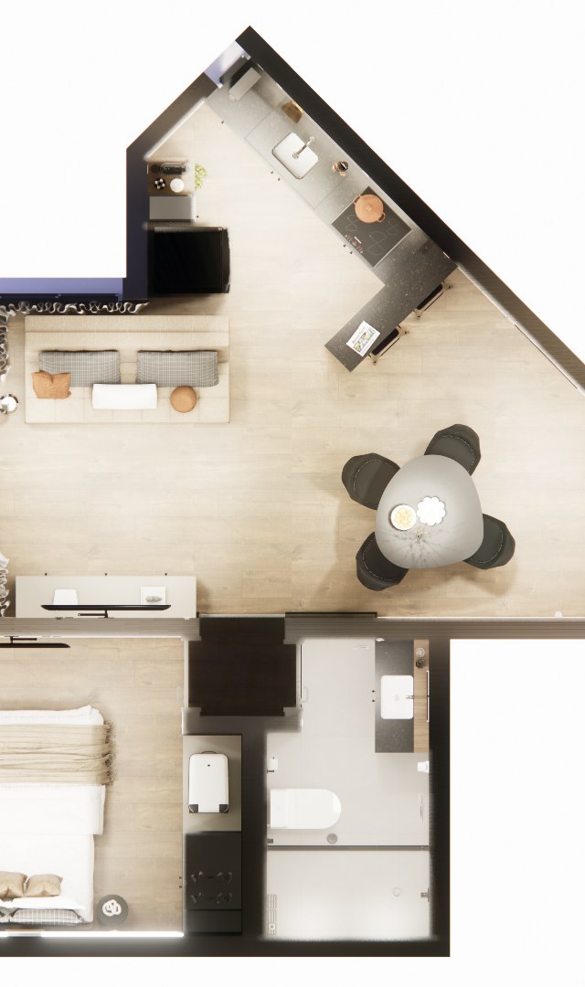Planta baixa humanizada 3D do apartamento de 44m² com sala, cozinha integrada, quarto e banheiro em tons claros e madeira