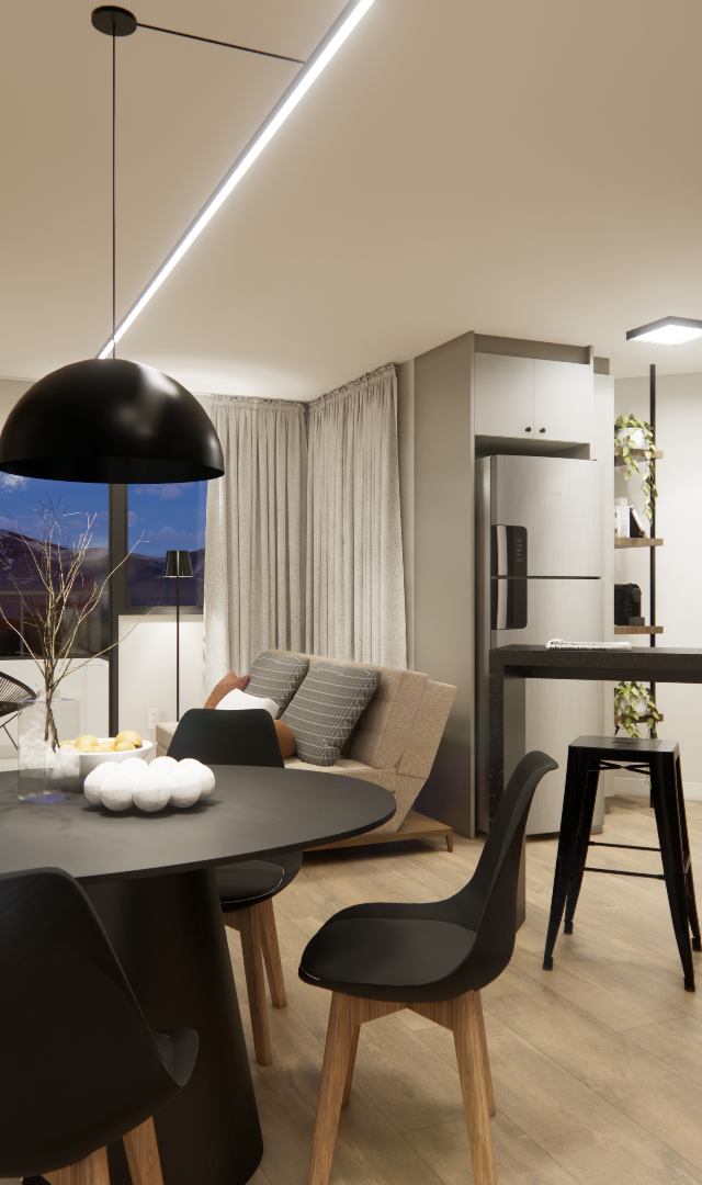Render 3D de sala e cozinha integradas, com mesa preta, banquetas, parede terracota, piso amadeirado e iluminação moderna