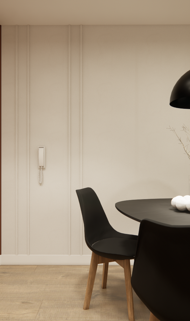 Render 3D de sala de jantar no Edifício Fortune Residence com mesa redonda e cadeiras pretas sob luminária pendente