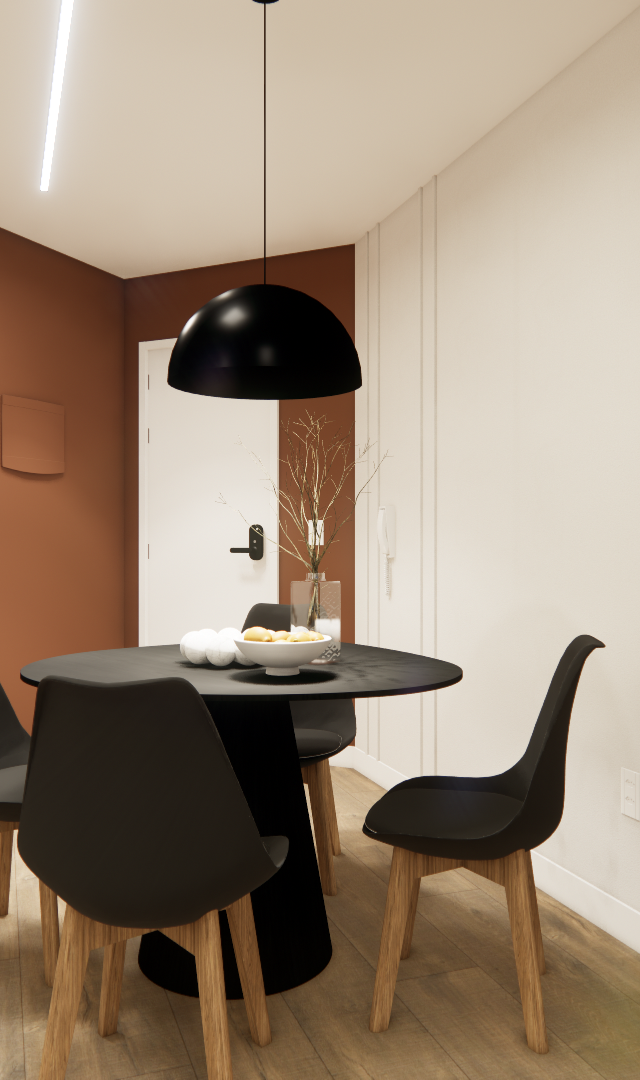 Render 3D da sala de jantar com mesa e cadeiras pretas, parede terracota, painel de madeira e iluminação pendente moderna