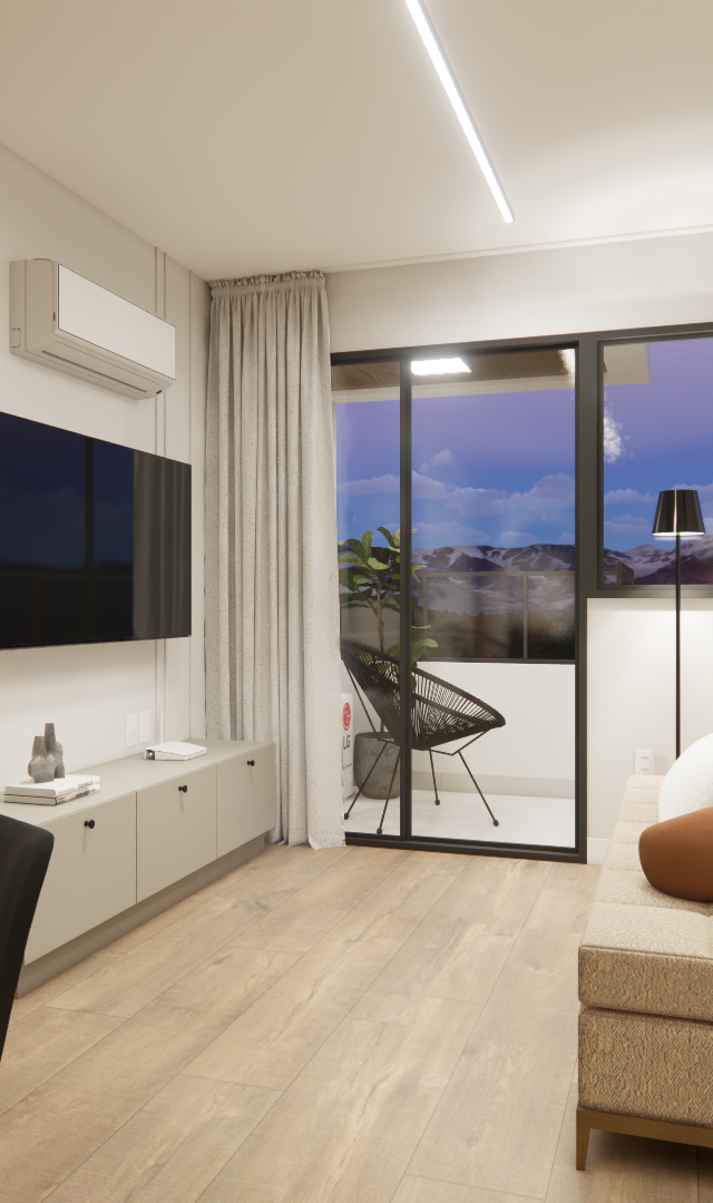 Render 3D de sala de estar no Fortune Residence com sofá bege, móvel claro, marcenaria em madeira e varanda integrada
