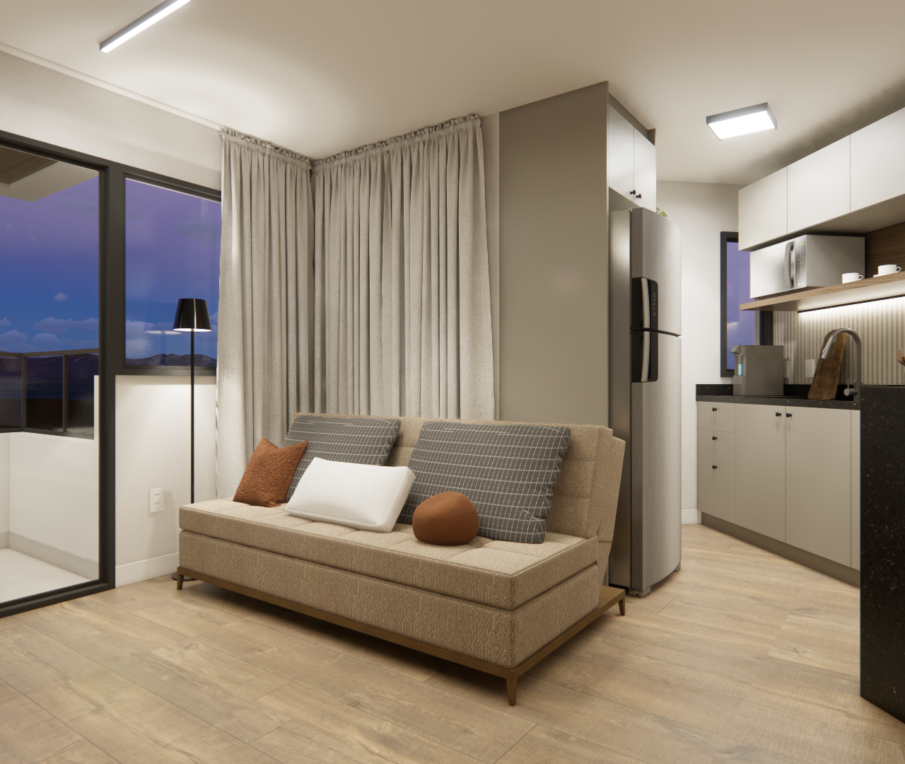 Render 3D de sala e cozinha integradas, Fortune Residence, sofá bege, marcenaria clara, tons neutros e varanda ao fundo