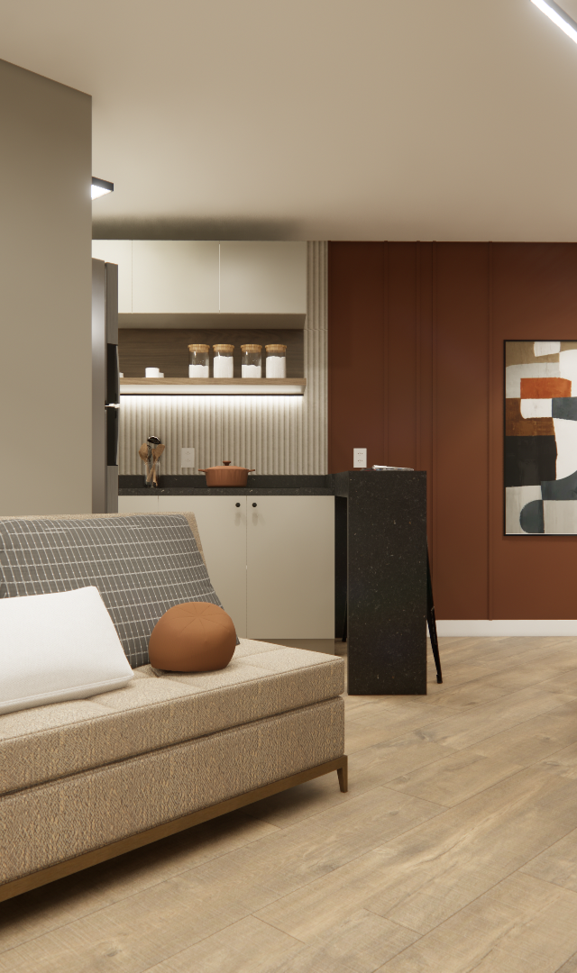 Render 3D de sala e cozinha integradas, parede terracota, sofá bege, mesa redonda com cadeiras pretas e piso amadeirado