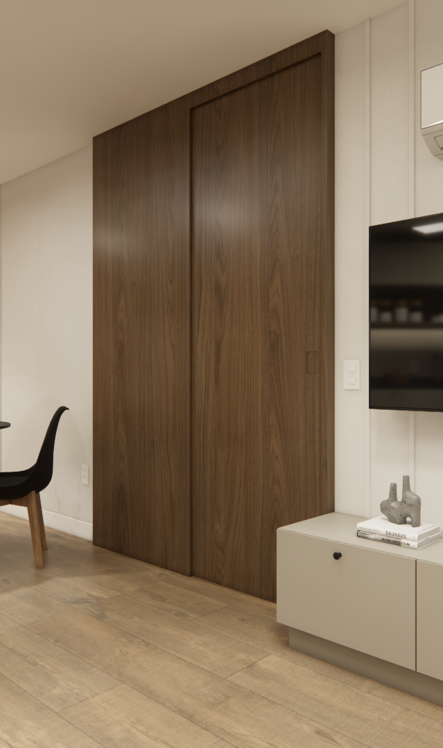 Render 3D de sala e jantar integradas, parede terracota, marcenaria em madeira e bege, mesa preta e iluminação linear
