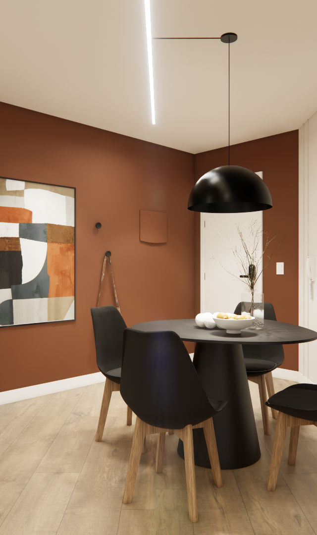 Render 3D de sala de jantar com parede terracota, mesa redonda e cadeiras pretas, piso amadeirado e iluminação pendente
