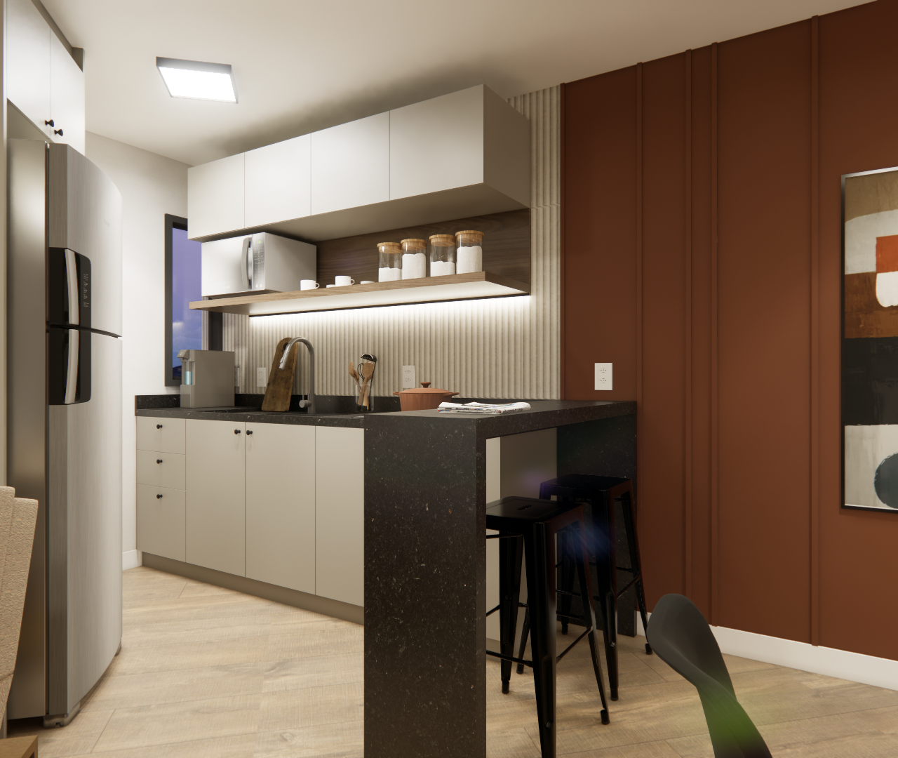 Render 3D de cozinha compacta, armários claros, bancada preta, parede em tom terracota com painel ripado e iluminação LED