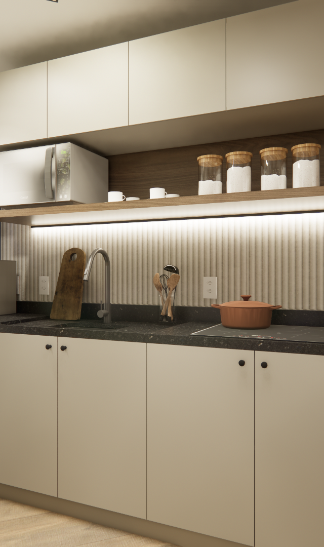 Render 3D de cozinha compacta, marcenaria bege, bancada preta, backsplash ripado iluminado e parede em tom terracota