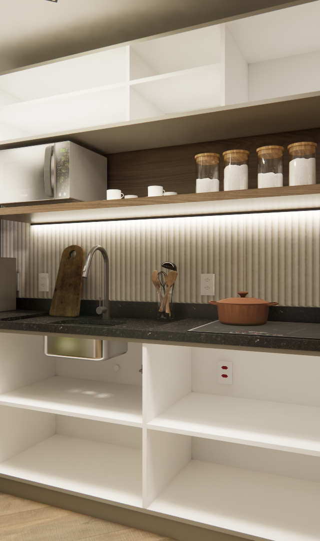 Render 3D de cozinha compacta, marcenaria em tons de branco e madeira, bancada preta e iluminação linear em LED sob nichos
