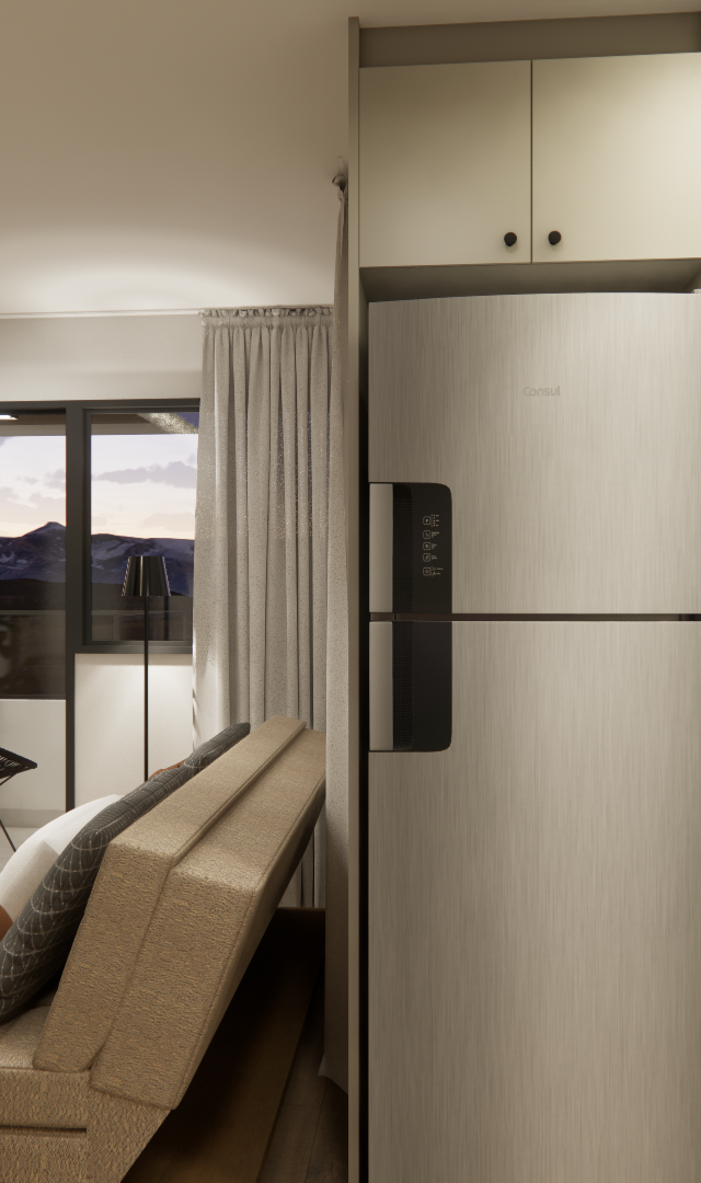 Render 3D de sala e cozinha integradas, marcenaria cinza, sofá bege, geladeira inox, prateleiras com plantas e iluminação