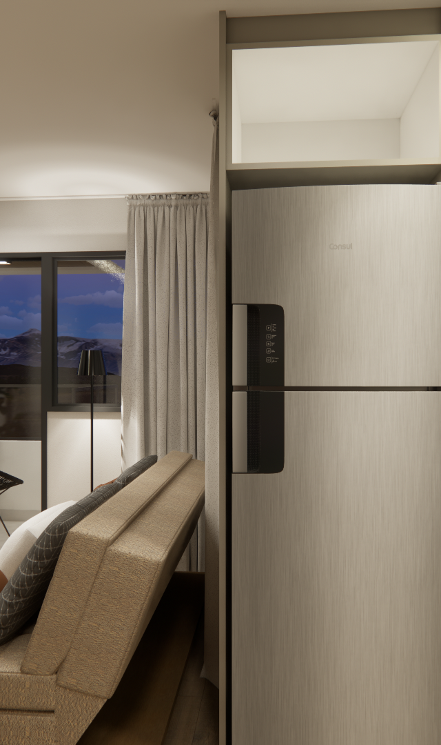 Render 3D de sala e cozinha integradas, marcenaria cinza, geladeira inox, estante com plantas e sofá bege no apartamento