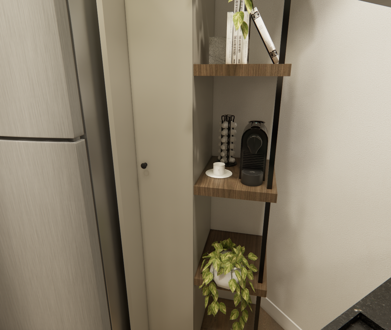 Render 3D: estante vertical em madeira e metal ao lado de geladeira inox em cozinha compacta com cafeteira e planta
