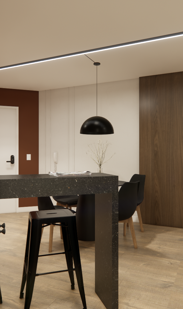 Render 3D de sala e cozinha integrada, tons terrosos, bancada de pedra escura, marcenaria em madeira e iluminação linear
