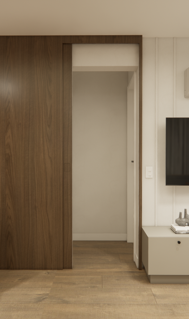 Render 3D de sala e jantar integradas, tons neutros, porta de madeira, mesa com cadeiras pretas e painel de TV com rack