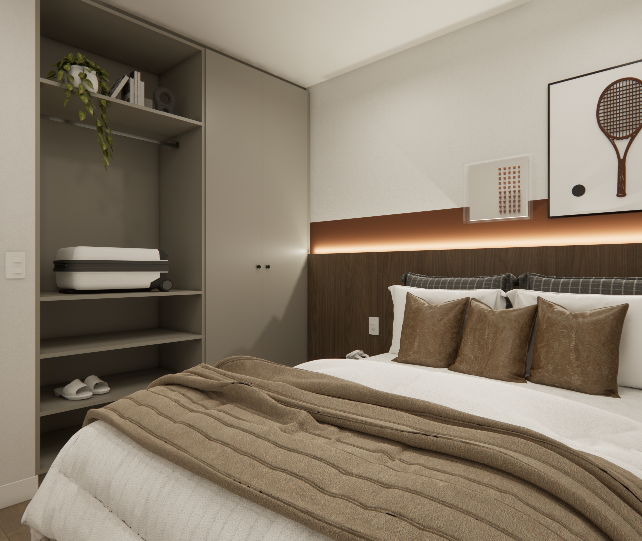 Render 3D de quarto pequeno com cama, marcenaria cinza, cabeceira de madeira com fita de LED e decoração em tons terrosos